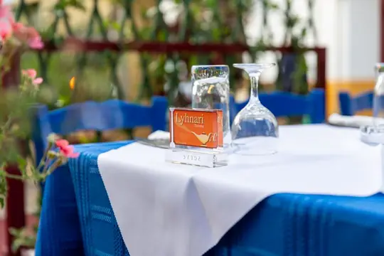 Wine glasses turned down on a blue and white table setting