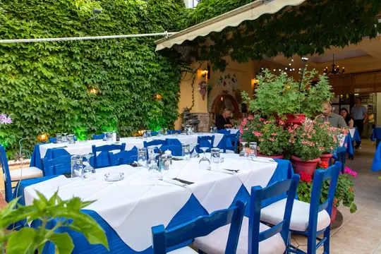 Tables set for the evening against a wall of ivy