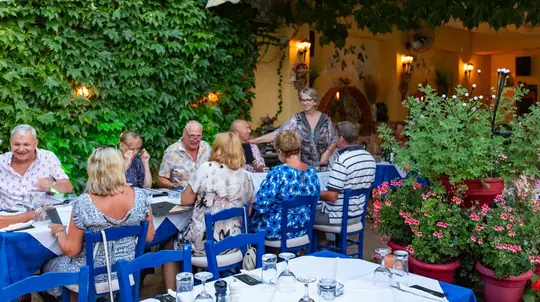 A long table of guests eating together in the garden