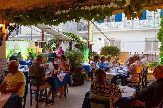 Guests at the tables under the vine-covered terrace